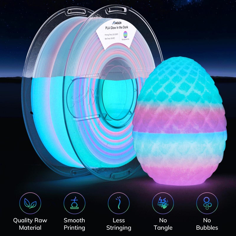AMOLEN PLA Filament Glow in The Dark, Rainbow 5M Pink, Purple, Green, Blue, Multicolor Fast Change 3D Printer Filament 1.75mm, Best with UV Lamps, 1KG Spool (2.2lbs), Dimensional Accuracy +/- 0.02 mm - Image 2