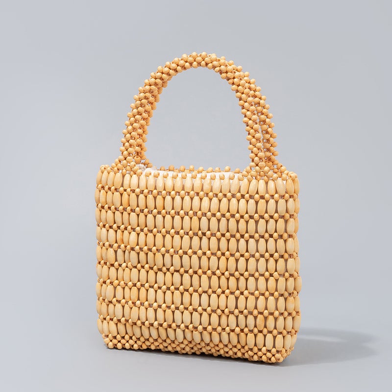 Enspt Handmade Wooden Bead Woven Bag Women'S Summer Niche Design Portable Commuter Small Square Bag - Image 1
