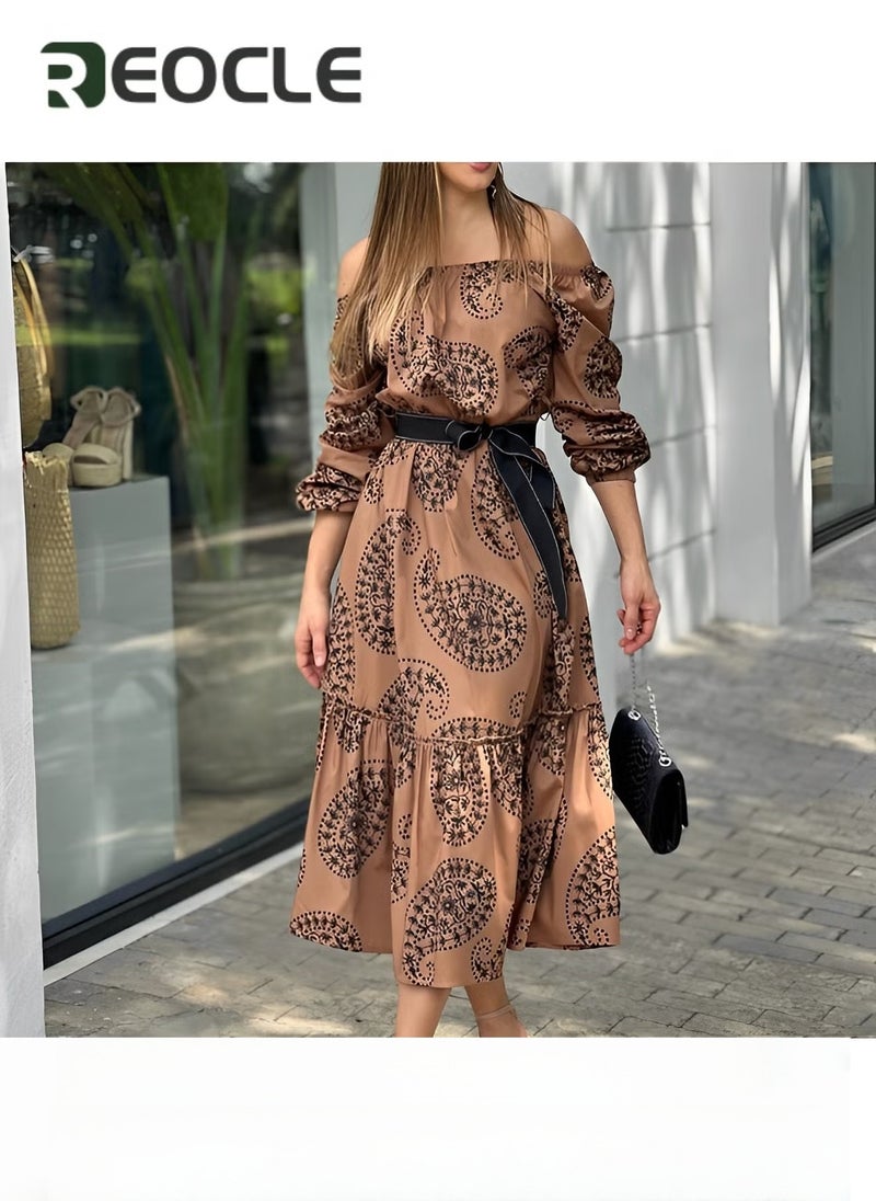 REOCLE Both-shoulder Dress with Wide Hem Long Sleeves Mid-length Printed Dress Waist Design Long Sleeve Design Fashionable Print - Image 2