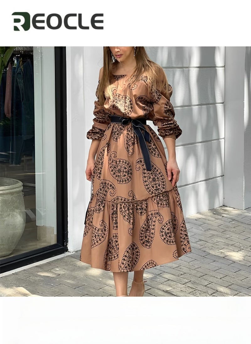 REOCLE Both-shoulder Dress with Wide Hem Long Sleeves Mid-length Printed Dress Waist Design Long Sleeve Design Fashionable Print - Image 3