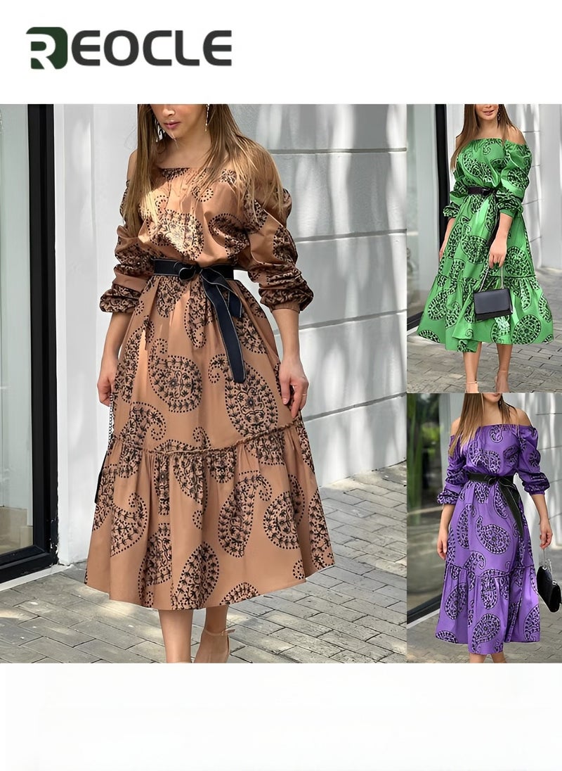 REOCLE Both-shoulder Dress with Wide Hem Long Sleeves Mid-length Printed Dress Waist Design Long Sleeve Design Fashionable Print - Image 4