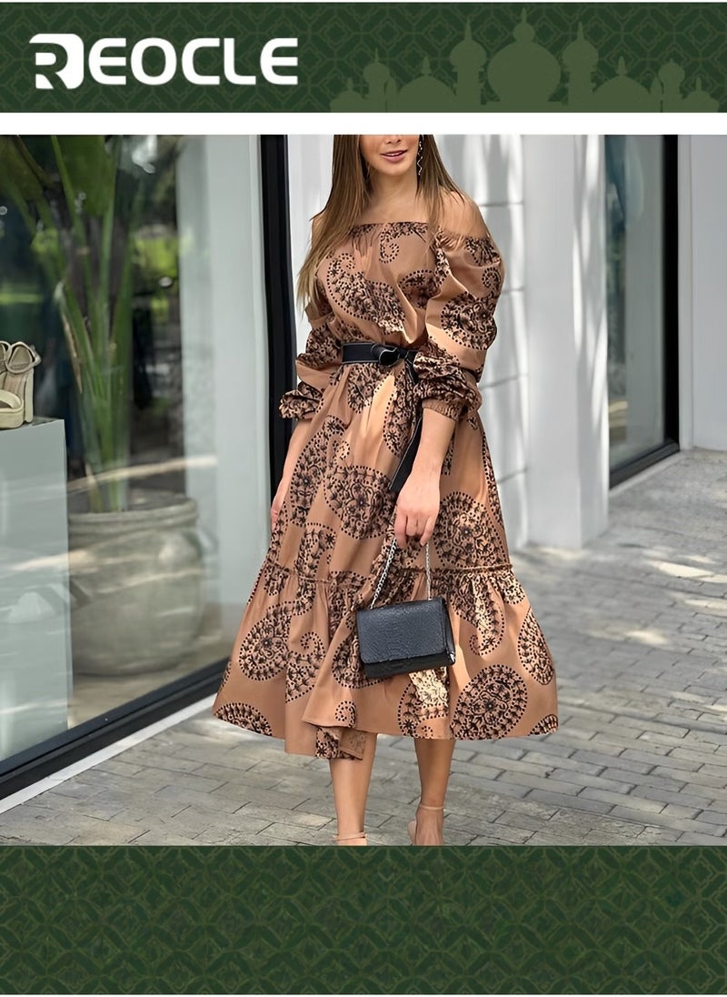 REOCLE Both-shoulder Dress with Wide Hem Long Sleeves Mid-length Printed Dress Waist Design Long Sleeve Design Fashionable Print - Image 1