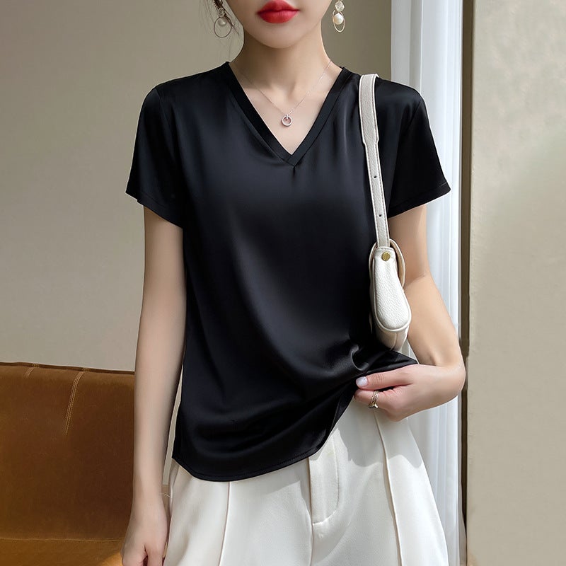 Acetic Acid Short-sleeved T-shirt Women's Summer New Style Top All-match High-grade Satin Crewneck V-neck - Image 1