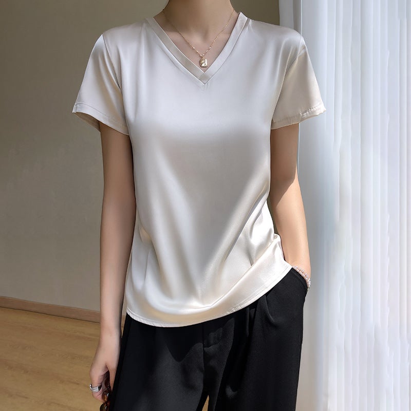 Acetic Acid Short-sleeved T-shirt Women's Summer New Style Top All-match High-grade Satin Crewneck V-neck - Image 4