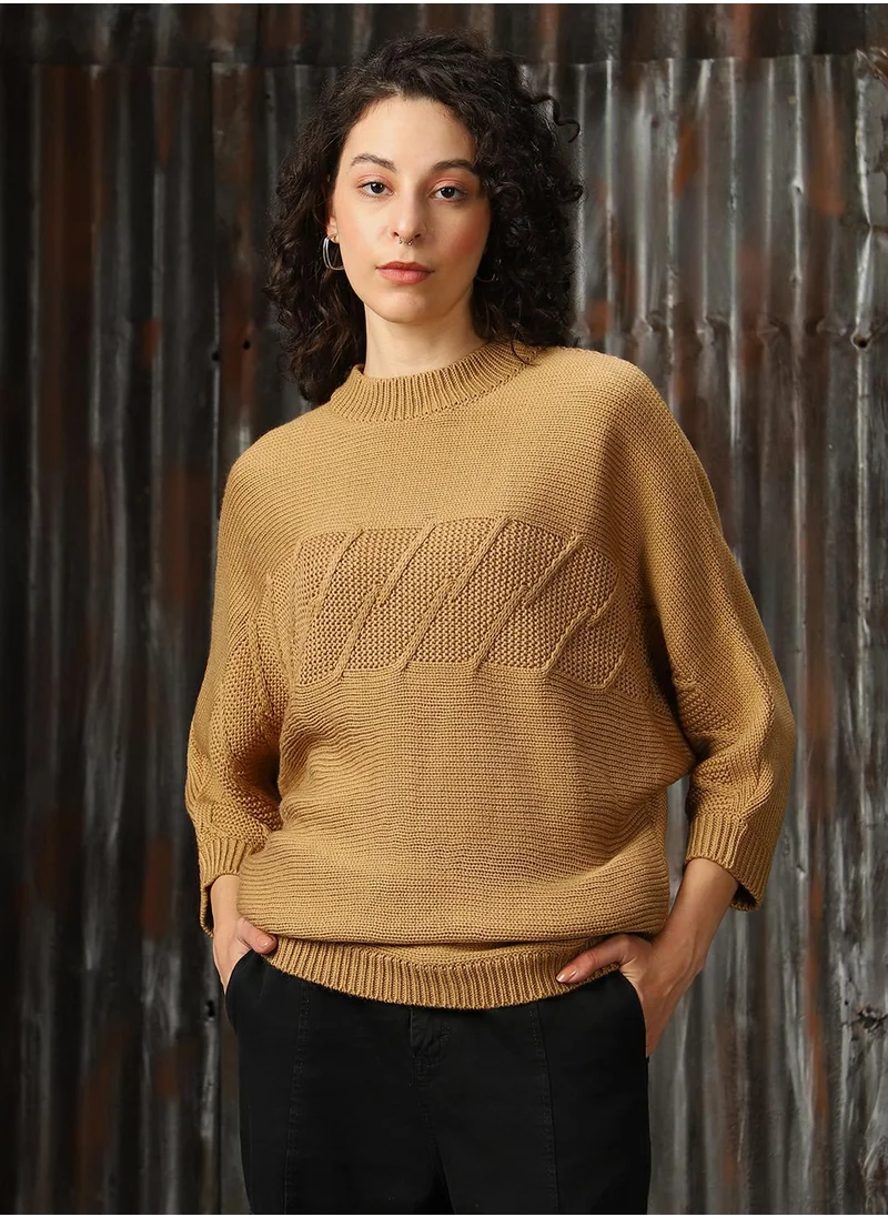 هاي ستار Women's Beige 100% Acrylic Solid Oversized Sweater