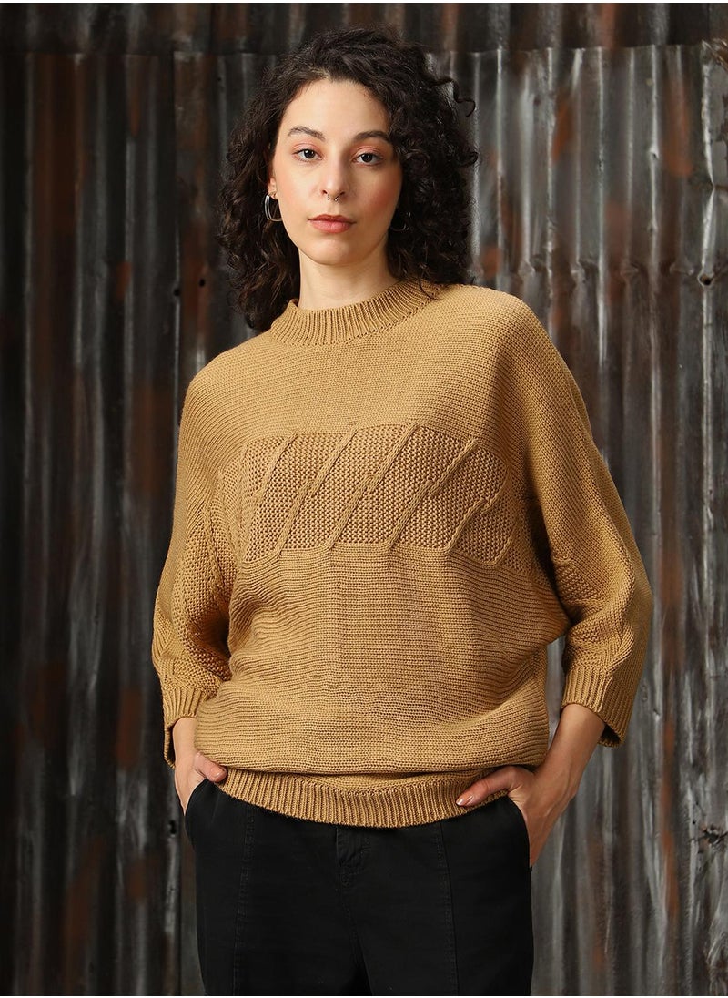 HIGH STAR Women's Beige 100% Acrylic Solid Oversized Sweater  - Image 1