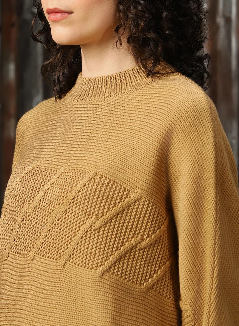 هاي ستار Women's Beige 100% Acrylic Solid Oversized Sweater