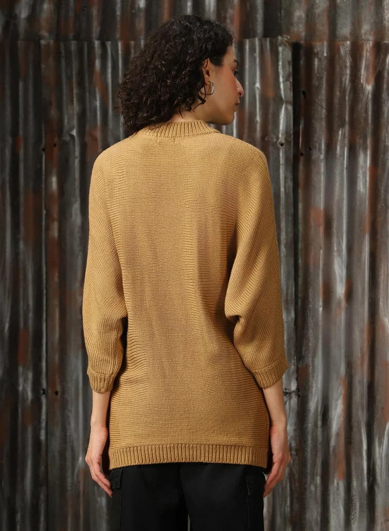 هاي ستار Women's Beige 100% Acrylic Solid Oversized Sweater