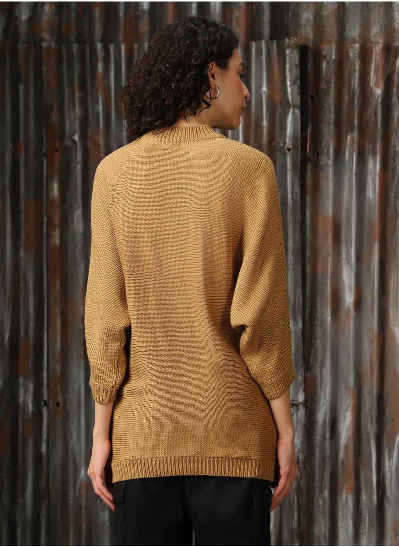 HIGH STAR Women's Beige 100% Acrylic Solid Oversized Sweater  - Image 3