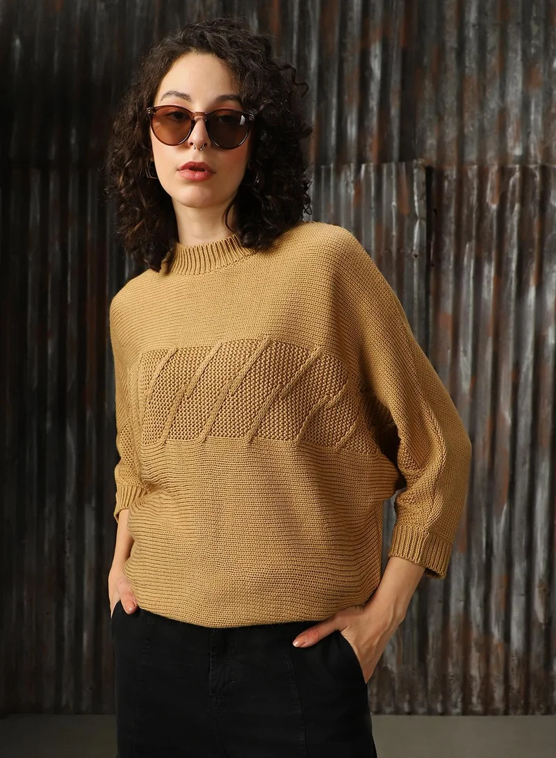 هاي ستار Women's Beige 100% Acrylic Solid Oversized Sweater