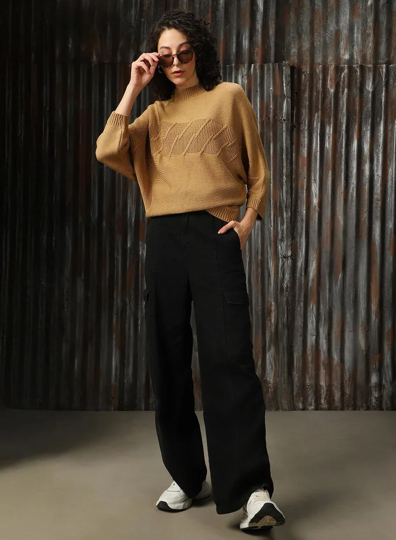 هاي ستار Women's Beige 100% Acrylic Solid Oversized Sweater