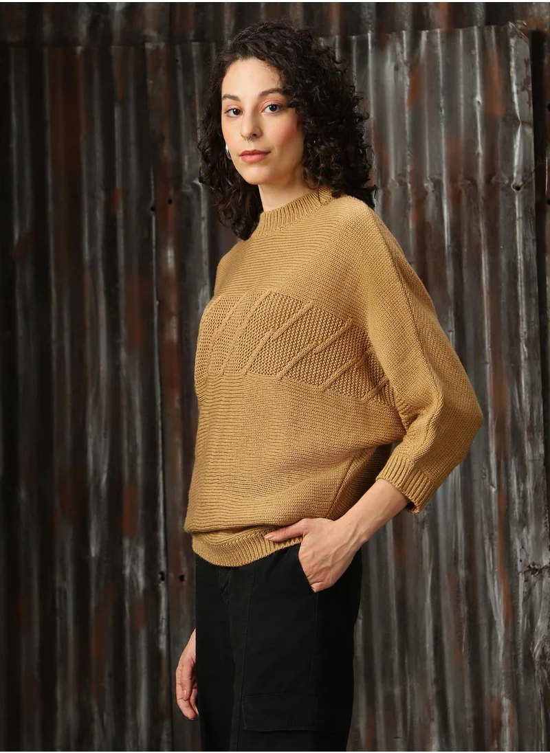 هاي ستار Women's Beige 100% Acrylic Solid Oversized Sweater
