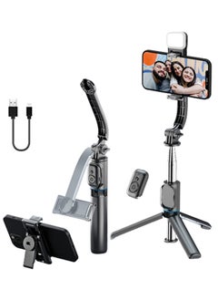 Selfie Stick Gimbal Stabilizer With Light Removable Clip Phone Stand for Tiktok Vlog Youtube Live Video Record (Black)