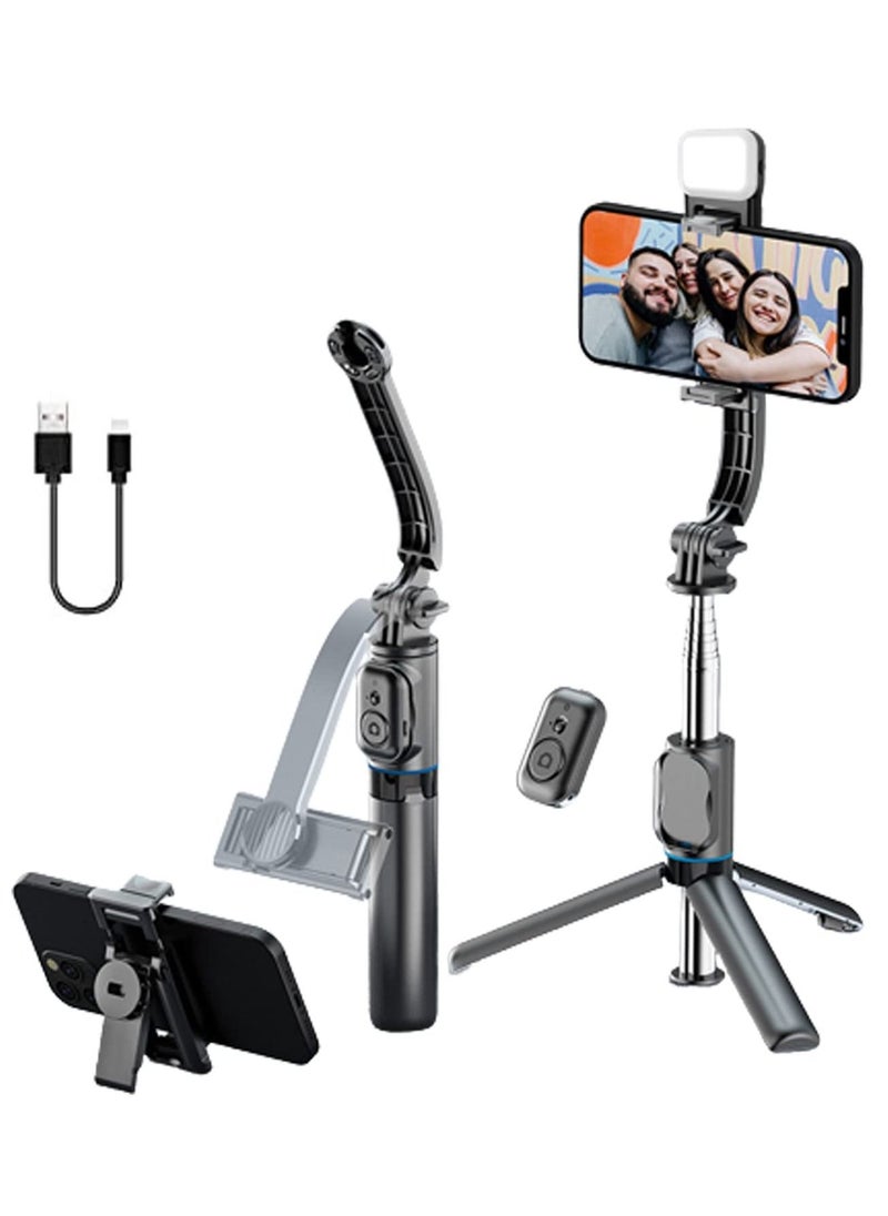 TYCOM - Selfie Stick Gimbal Stabilizer With Light Removable Clip Phone Stand for Tiktok Vlog Youtube Live Video Record (Black) - Image 1