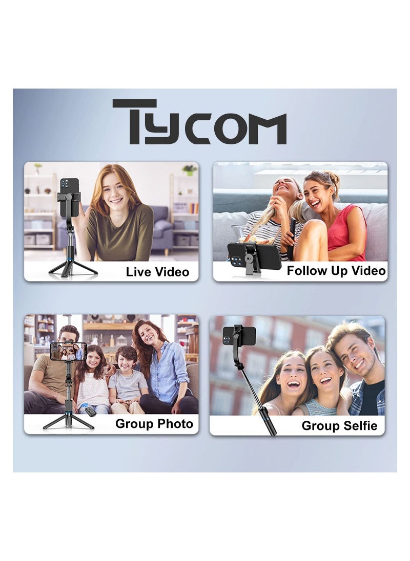 TYCOM - Selfie Stick Gimbal Stabilizer With Light Removable Clip Phone Stand for Tiktok Vlog Youtube Live Video Record (Black) - Image 1