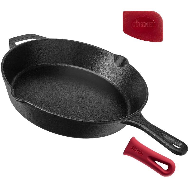 Cuisinel Cast Iron Skillet  12Inch Frying Pan with Assist Handle  Red Silicone Grip Cover  PreSeasoned Oven Safe Cookware  IndoorOutdoor Use  Grill Stovetop Induction BBQ and Firepit Safe