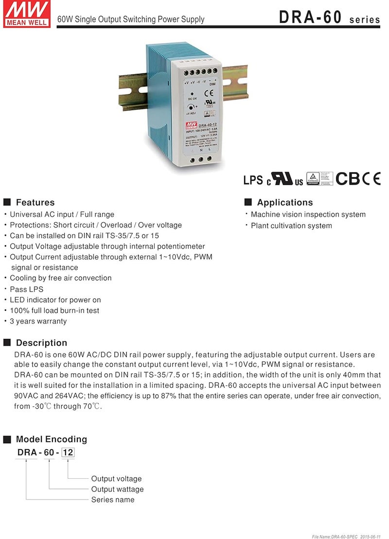 Mean Well DRA 60 12 DIN Rail 12V 5A 60W Switching Power Supply - Image 3