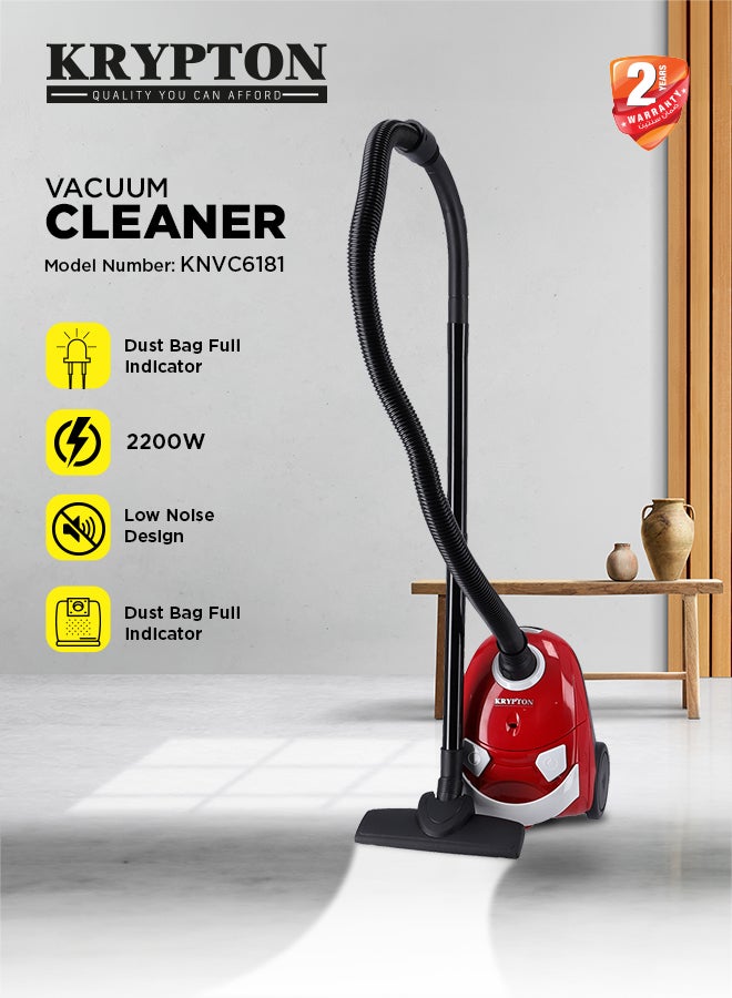 KRYPTON Handheld Vacuum Cleaner for Floor and Dust Cleaning  with Large Suction Capacity, Dust Full Indicator, Compact Size, Wider & Flexible Hose and Suitable for Dry Cleaning, 1.5 L 2200 W KNVC6181 Black/Red/White - Image 2