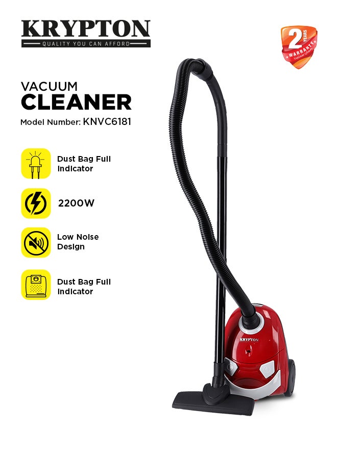 KRYPTON Handheld Vacuum Cleaner for Floor and Dust Cleaning  with Large Suction Capacity, Dust Full Indicator, Compact Size, Wider & Flexible Hose and Suitable for Dry Cleaning, 1.5 L 2200 W KNVC6181 Black/Red/White - Image 1
