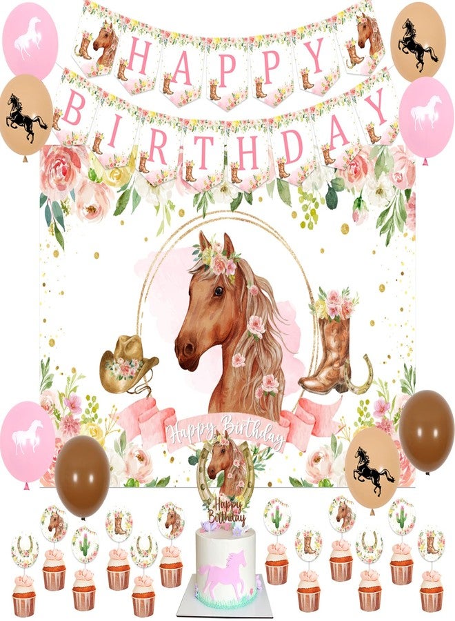 Fangleland Horse Birthday Party Decorations Kit for Girls - Themes Banner & Photo Backdrop, Cake Cupcake toppers, Racing Balloons, Western Cowgirl Happy Supplies - Image 1