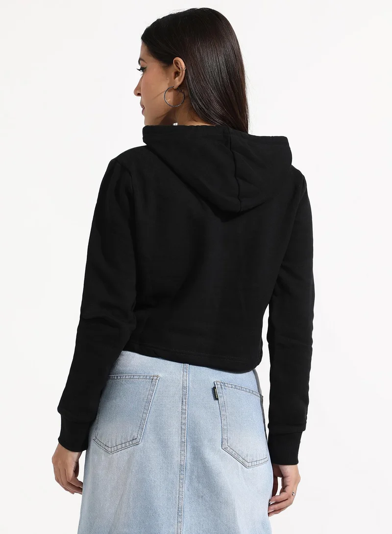 Campus Sutra Women's Black Slay All Day Hoodie With Ribbed Hem