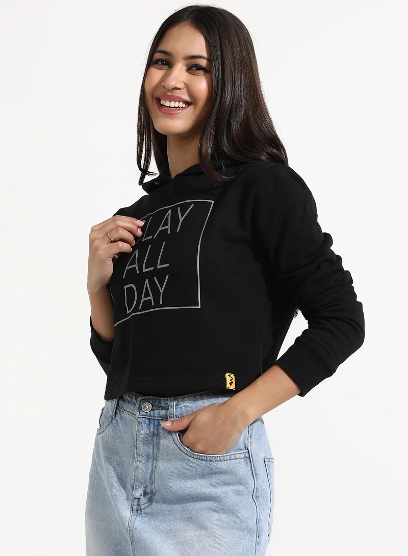 Campus Sutra Women's Black Slay All Day Hoodie With Ribbed Hem