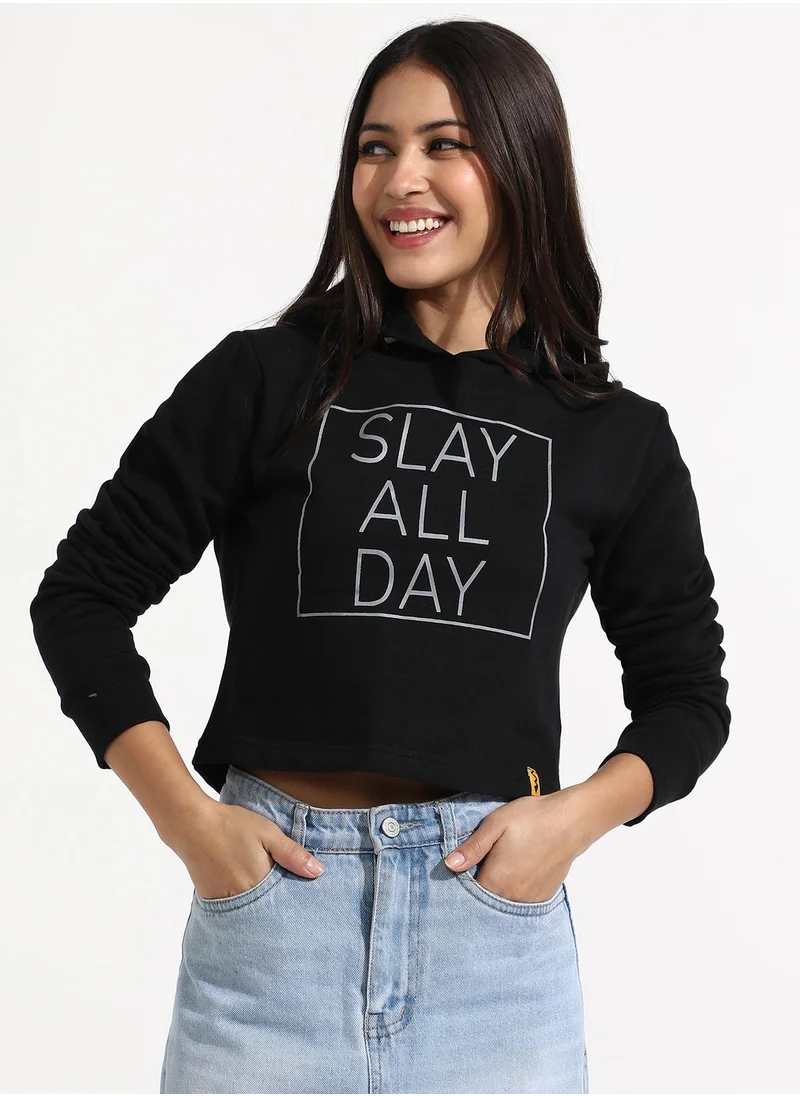 Campus Sutra Women's Black Slay All Day Hoodie With Ribbed Hem