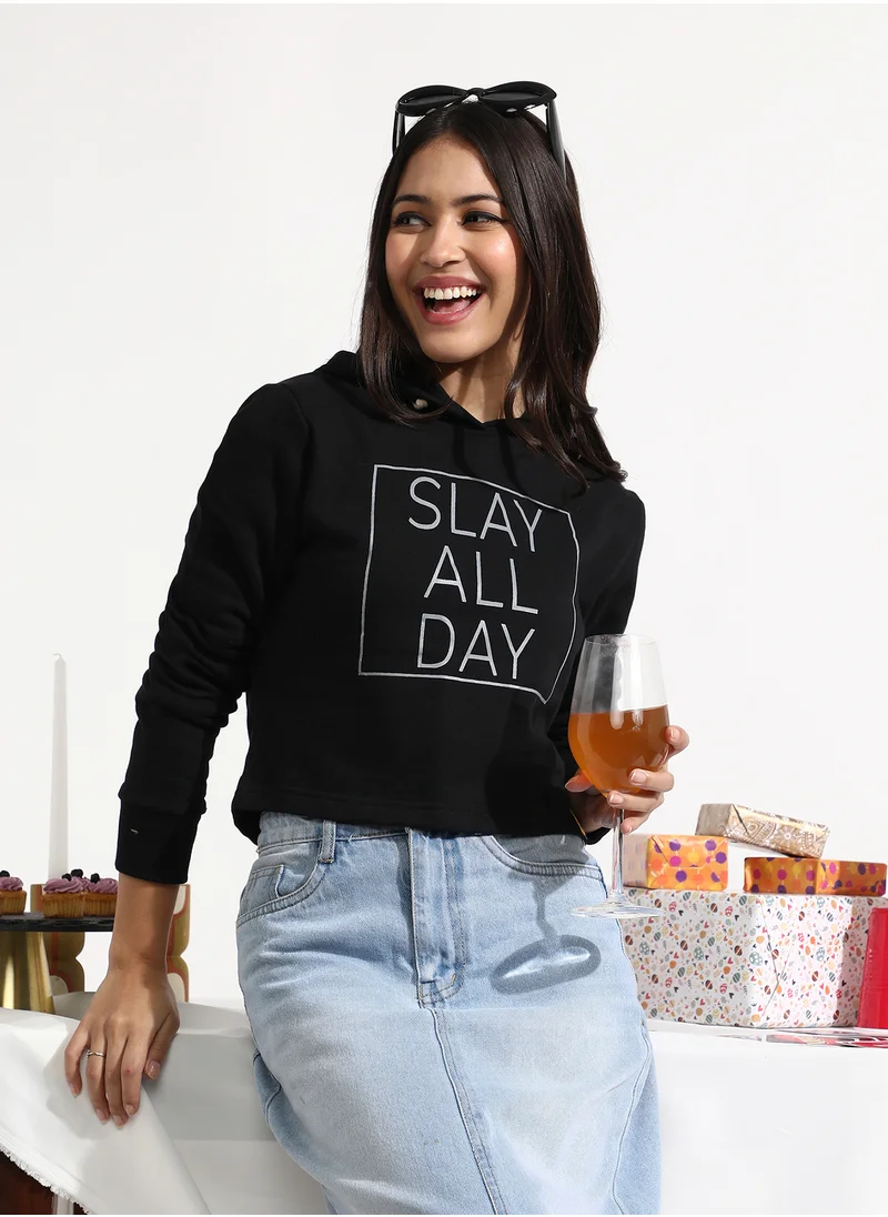 Campus Sutra Women's Black Slay All Day Hoodie With Ribbed Hem