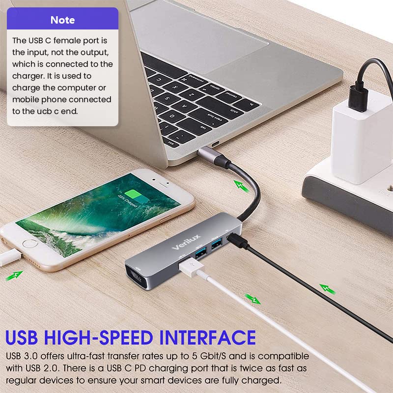 Verilux� USB C Hub, 5 in 1 Portable Aluminum Multiport Adapter Type C Hub with 4K HDMI Output, USB 2.0/3.0 Ports,USB C 100W PD, Compatible with,MacBook Pro/Air/ipad Pro 2018,More USB C Devices - Image 5