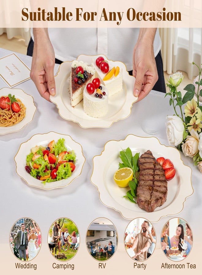WDF 200PCS Ivory Plastic Plates with Gold Rim - Cream Plastic Plates - Include 100 Dinner & 100 Dessert Fancy Disposable Plate for Party - Heavy Duty Plate for Wedding/Bridal Showers - Image 4
