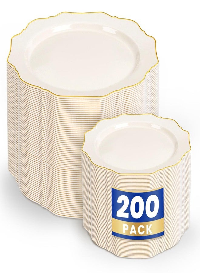 WDF 200PCS Ivory Plastic Plates with Gold Rim - Cream Plastic Plates - Include 100 Dinner & 100 Dessert Fancy Disposable Plate for Party - Heavy Duty Plate for Wedding/Bridal Showers - Image 1