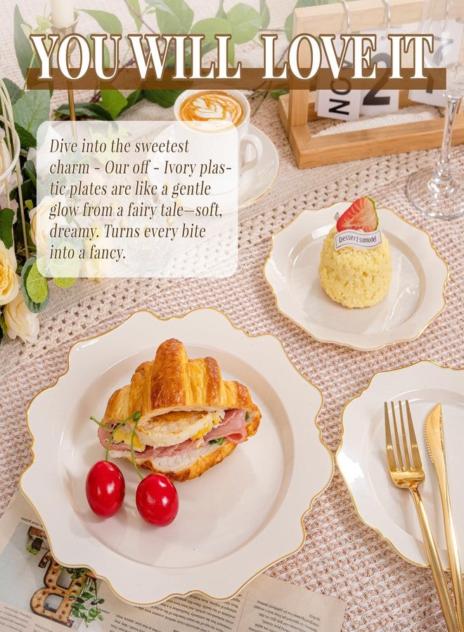 WDF 200PCS Ivory Plastic Plates with Gold Rim - Cream Plastic Plates - Include 100 Dinner & 100 Dessert Fancy Disposable Plate for Party - Heavy Duty Plate for Wedding/Bridal Showers - Image 3