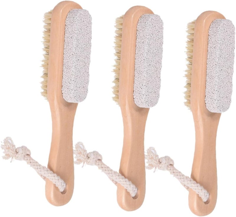 GANAZONO 3pcs Double-Sided Foot Scrubber Pumice Stone Boar Bristle Brush with Wooden Handle Dead Skin Removal Foot File Exfoliator for Shower - Image 1