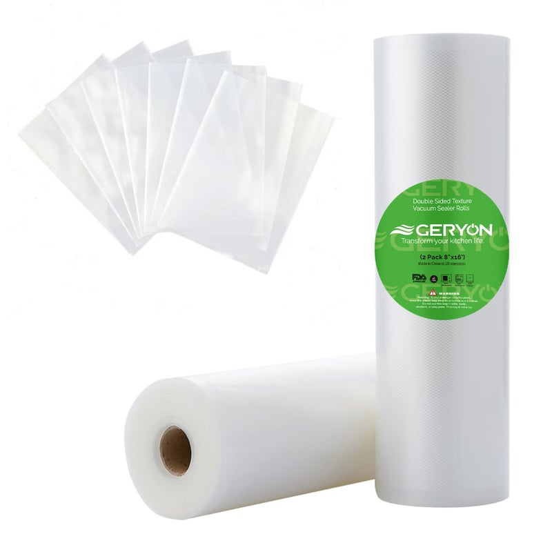 GERYON Vacuum Sealer Bags for All Food Vacuum Sealer Machine 2 Pack 8 x 16 Vac Sealer Rolls Commercial Grade BPAFree Material for Sous Vide Saver Storage