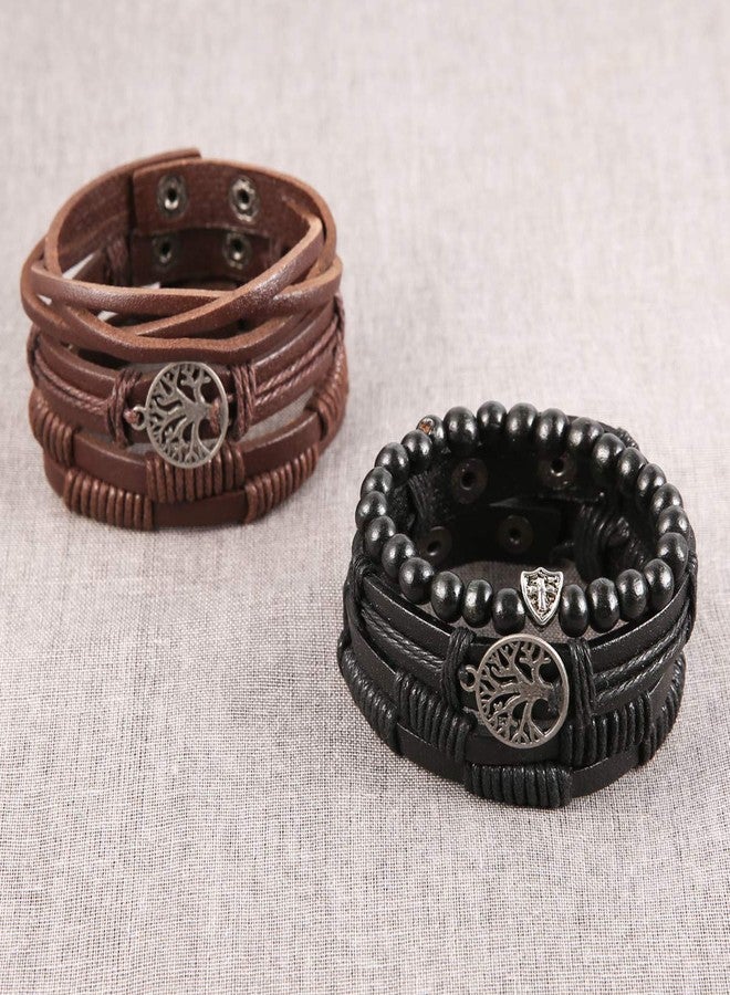 HZMAN Genuine Leather Tree of life Bracelets Men Women, Tiger Eye Natural Stone Lava Rock Beads Ethnic Tribal Elastic Bracelets Wristbands (6 Pcs) - Image 3