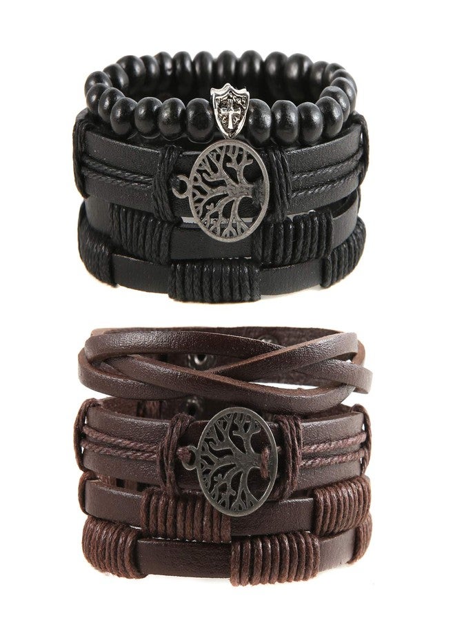 HZMAN Genuine Leather Tree of life Bracelets Men Women, Tiger Eye Natural Stone Lava Rock Beads Ethnic Tribal Elastic Bracelets Wristbands (6 Pcs) - Image 1