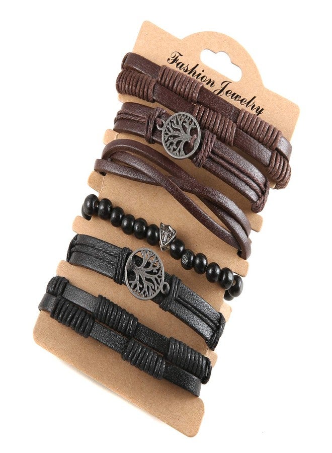 HZMAN Genuine Leather Tree of life Bracelets Men Women, Tiger Eye Natural Stone Lava Rock Beads Ethnic Tribal Elastic Bracelets Wristbands (6 Pcs) - Image 5