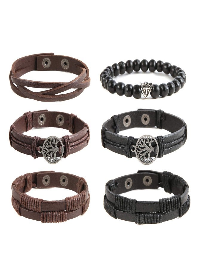 HZMAN Genuine Leather Tree of life Bracelets Men Women, Tiger Eye Natural Stone Lava Rock Beads Ethnic Tribal Elastic Bracelets Wristbands (6 Pcs) - Image 2