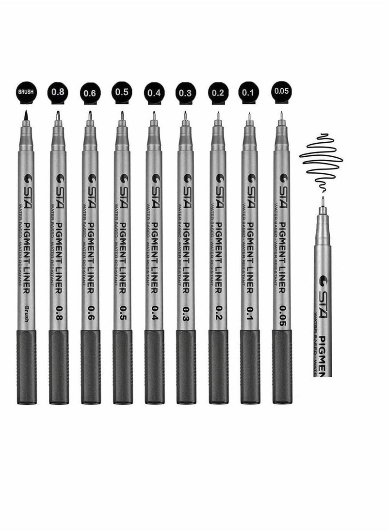 KASTWAVE أقلام Fineliner، عبوة مريحة من 9 أقلام رسم Fineliner ذات صبغة سوداء، أحجام مختلفة من الأقلام مع خاصية منع النزيف للرسم التخطيطي ورسم المستندات المكتبية والقصص المصورة والمانجا وكتابة القصاصات  - Image 1