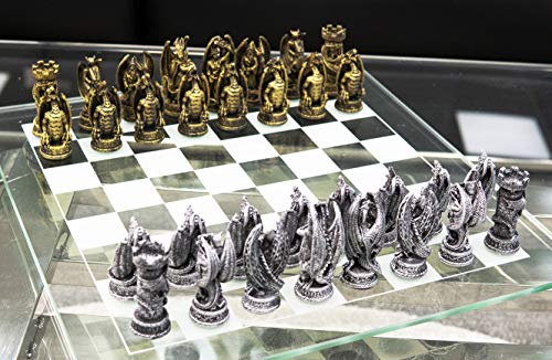 Ebros Gift Silver and Gold Painted Magic Fantasy Dungeons and Dragons Felted Base Resin Chess Pieces with 15 by 15 Checkered Frosted and Transparent Glass Board Set Gaming Board Game Collection - Image 5