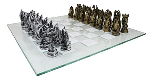 Ebros Gift Silver and Gold Painted Magic Fantasy Dungeons and Dragons Felted Base Resin Chess Pieces with 15 by 15 Checkered Frosted and Transparent Glass Board Set Gaming Board Game Collection - Image 1