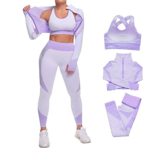 Veriliss Womens 3pcs Seamless Outfits Workout SetsGym Clothes Yoga Sportswear Leggings and Stretch Sports Bra Gym jumpsuits Clothes SetPurpleS - Image 1