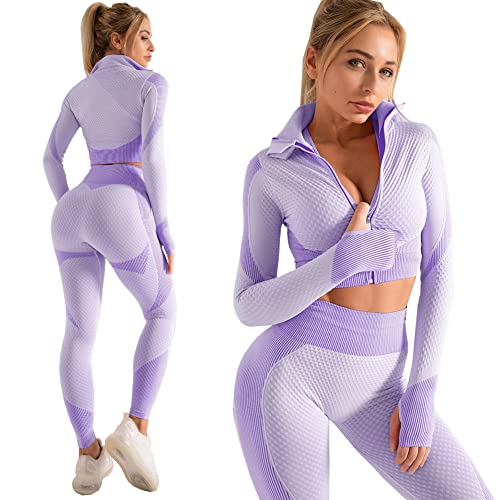 Veriliss Womens 3pcs Seamless Outfits Workout SetsGym Clothes Yoga Sportswear Leggings and Stretch Sports Bra Gym jumpsuits Clothes SetPurpleS - Image 3