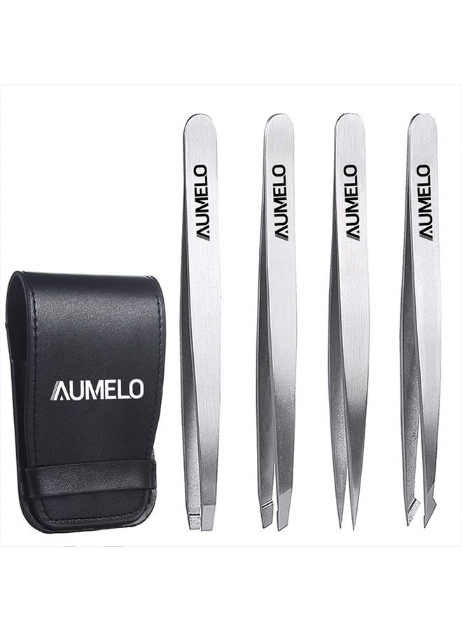 AUMELO Tweezers Set 4-Piece Professional Stainless Steel Tweezers Gift with Travel Case by Aumelo - Best Precision Eyebrow and Splinter Ingrown Hair Removal Tweezer Tip,No Colored & Chemical Free - Image 1