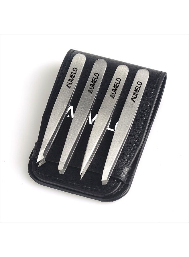 AUMELO Tweezers Set 4-Piece Professional Stainless Steel Tweezers Gift with Travel Case by Aumelo - Best Precision Eyebrow and Splinter Ingrown Hair Removal Tweezer Tip,No Colored & Chemical Free - Image 3