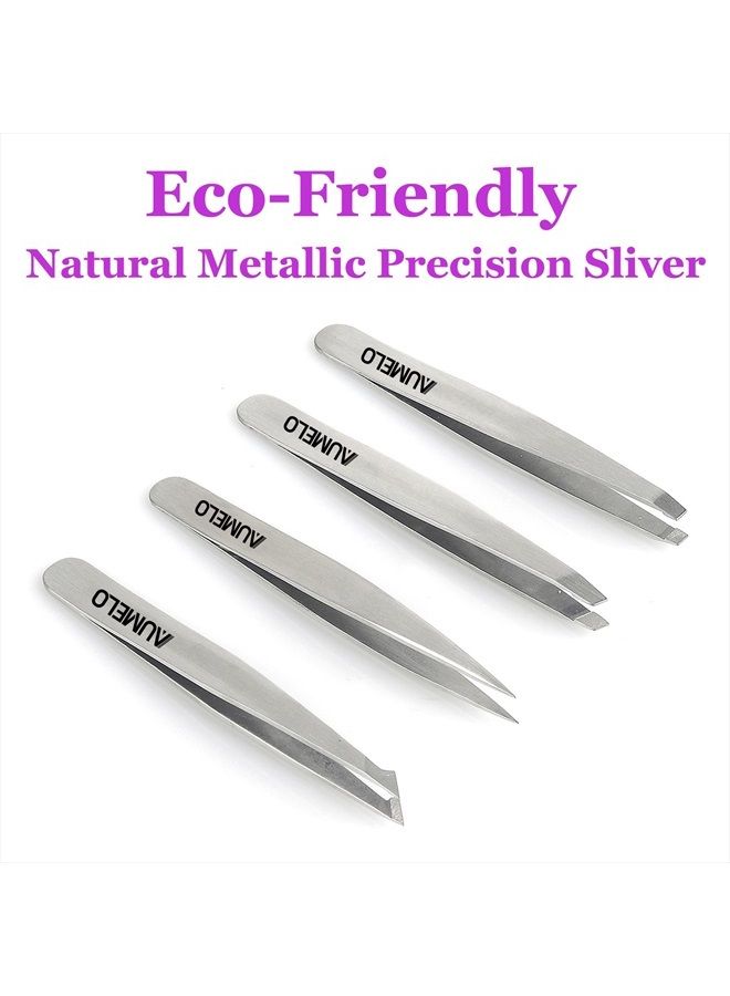 AUMELO Tweezers Set 4-Piece Professional Stainless Steel Tweezers Gift with Travel Case by Aumelo - Best Precision Eyebrow and Splinter Ingrown Hair Removal Tweezer Tip,No Colored & Chemical Free - Image 2