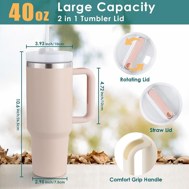 KELVEE Tumbler with lid and Straw 1200ml Cup Holder Car Gym Yoga Travel Stainless Steel Vacuum Insulated Flask Mug Quencher for Water Iced Tea Coffee or Protein Shake Rose Cream - Image 5