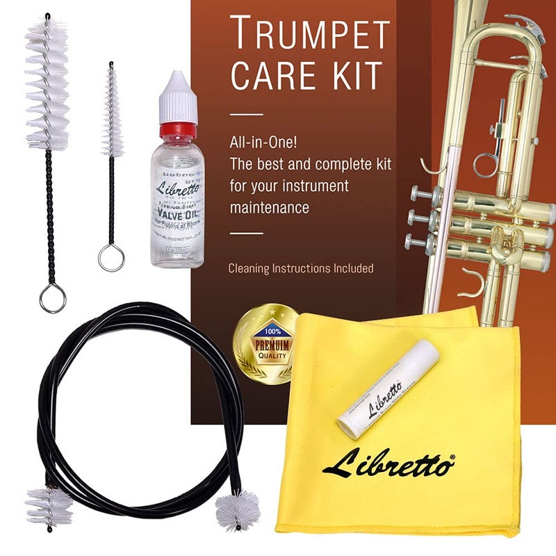 Libretto Trumpet (Cornet) All-Inclusive Care Kit w/Instructions: Valve Oil+Slide Grease+Cleaning Cloth+Mouthpiece/Valve/Bore Brushes, Giftable Handy Case, Time to Clean & Extend Life of Your Trumpet! - Image 1
