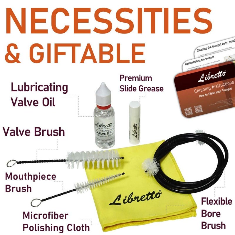 Libretto Trumpet (Cornet) All-Inclusive Care Kit w/Instructions: Valve Oil+Slide Grease+Cleaning Cloth+Mouthpiece/Valve/Bore Brushes, Giftable Handy Case, Time to Clean & Extend Life of Your Trumpet! - Image 2