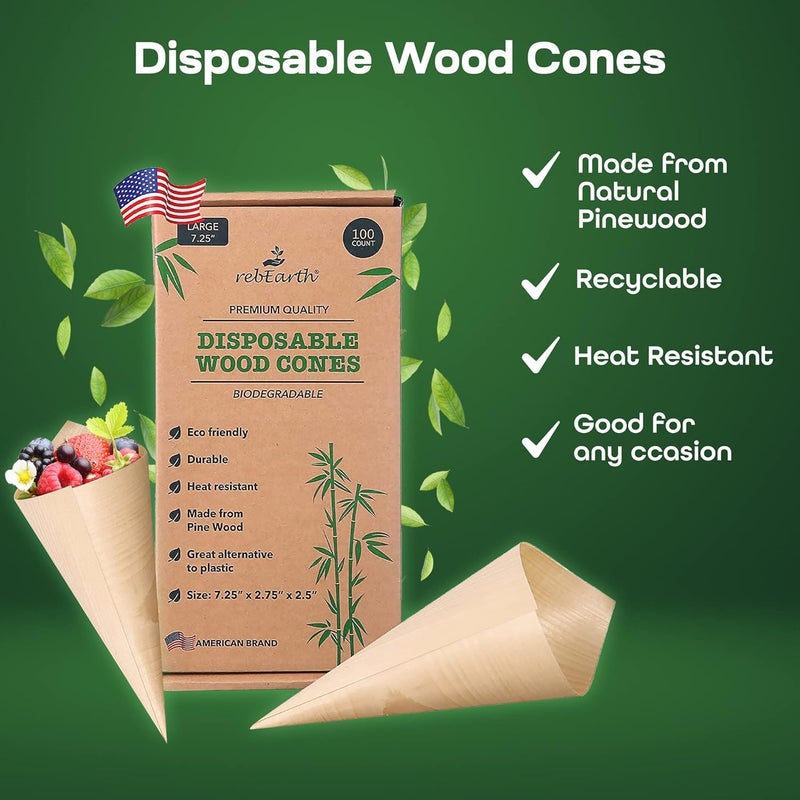 rebEarth Disposable Pinewood Cones - Heat Resistant Cups for Charcuterie & Snacks - Alternative to Plastic - Small Wooden Cones 7.25" 100 Count - Image 3